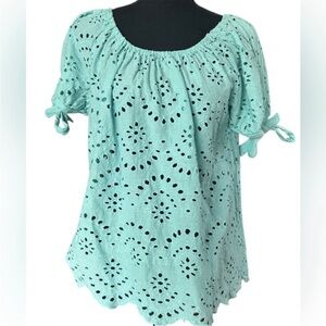 NWOT Aqua Eyelet Off-Shoulder Top W/ Bow Puff Sleeves By Cynthia Rowley. Small.